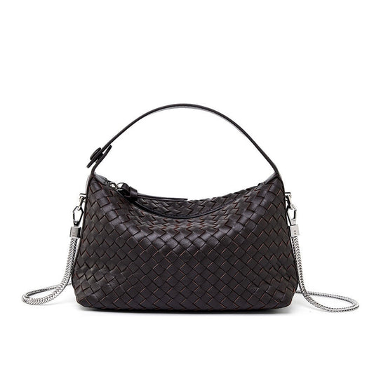 Genuine Sheepskin Leather Woven Dumpling Clutch Bag with Chain Strap