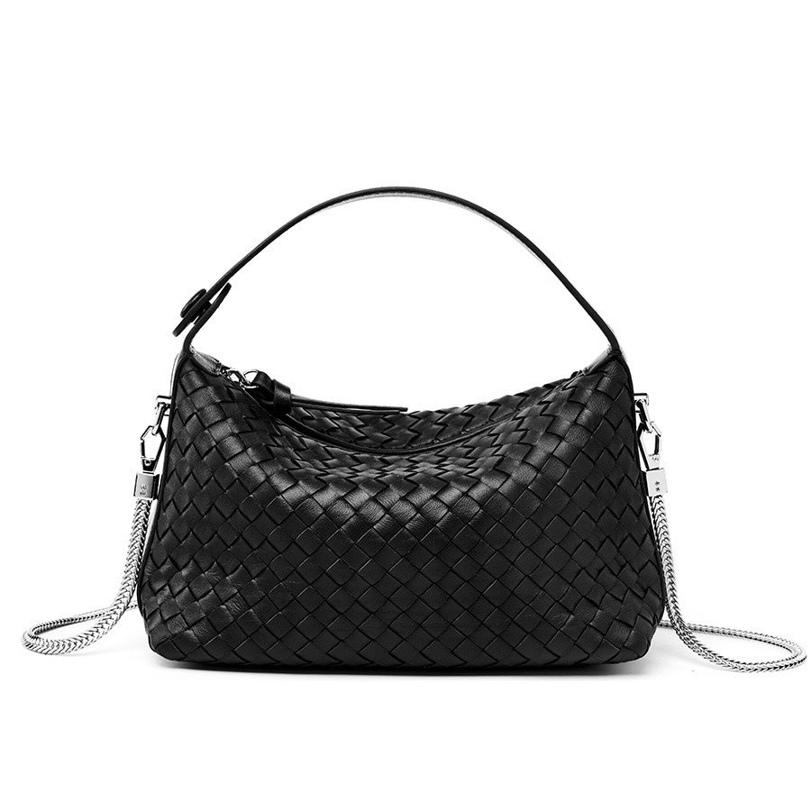 Genuine Sheepskin Leather Woven Dumpling Clutch Bag with Chain Strap
