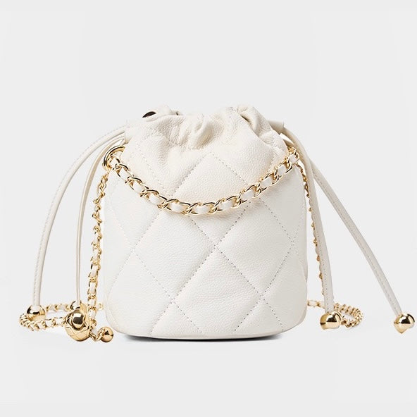 Chic Genuine Leather Bucket Bag with Elegant Chain Strap