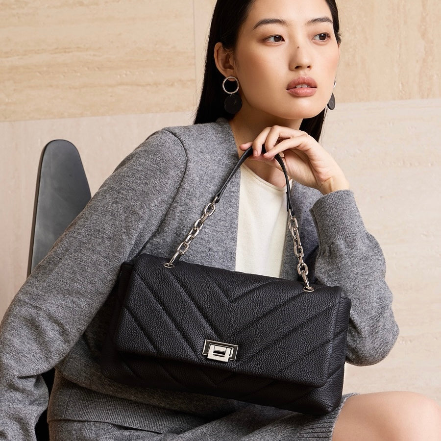 V-Quilted Genuine Leather Shoulder Bag with Chain Detail