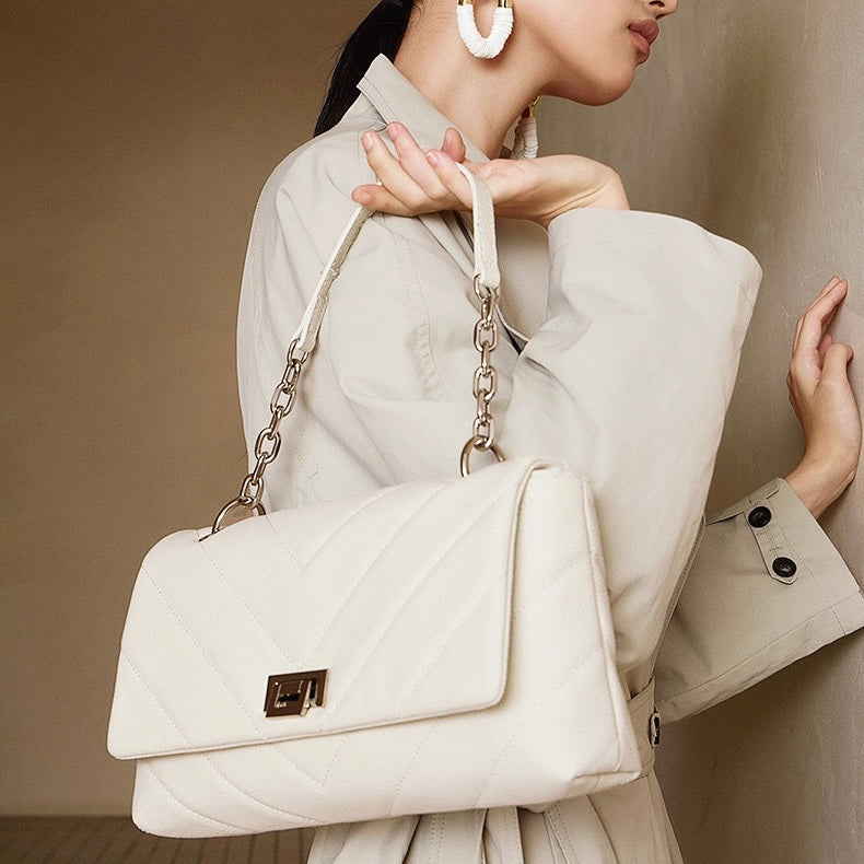 V-Quilted Genuine Leather Shoulder Bag with Chain Detail