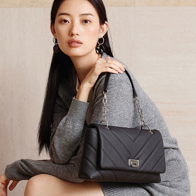V-Quilted Genuine Leather Shoulder Bag with Chain Detail