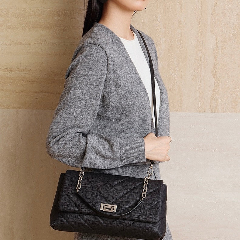 V-Quilted Genuine Leather Shoulder Bag with Chain Detail