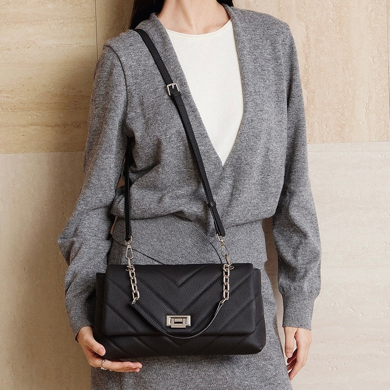 V-Quilted Genuine Leather Shoulder Bag with Chain Detail
