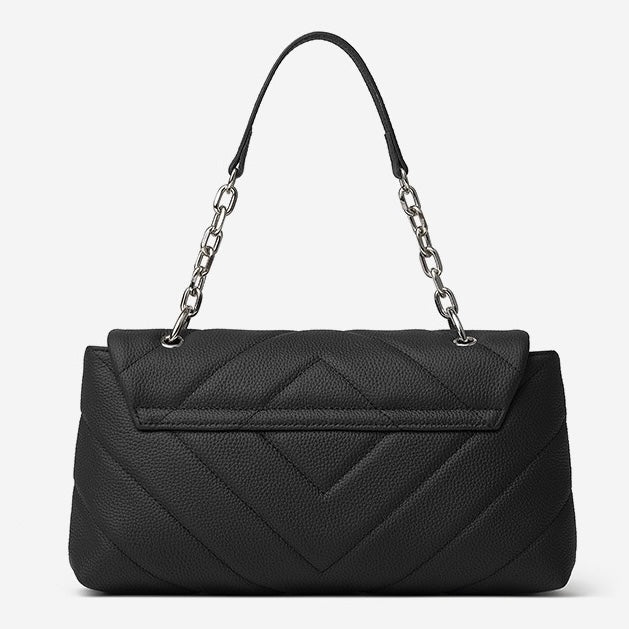 V-Quilted Genuine Leather Shoulder Bag with Chain Detail