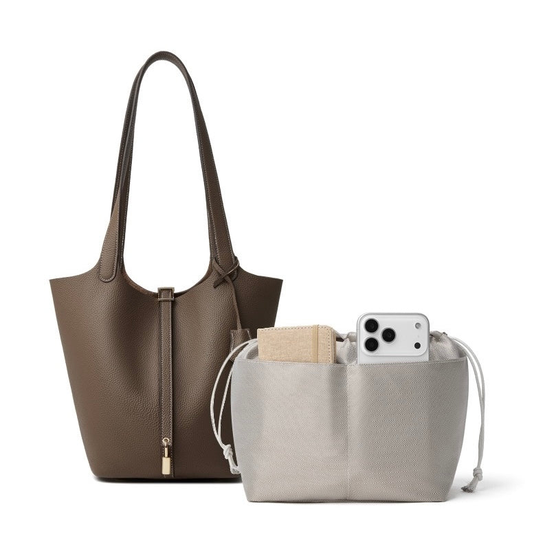 Exquisite Textured Leather Tote Bag with Elegant Gold Buckle