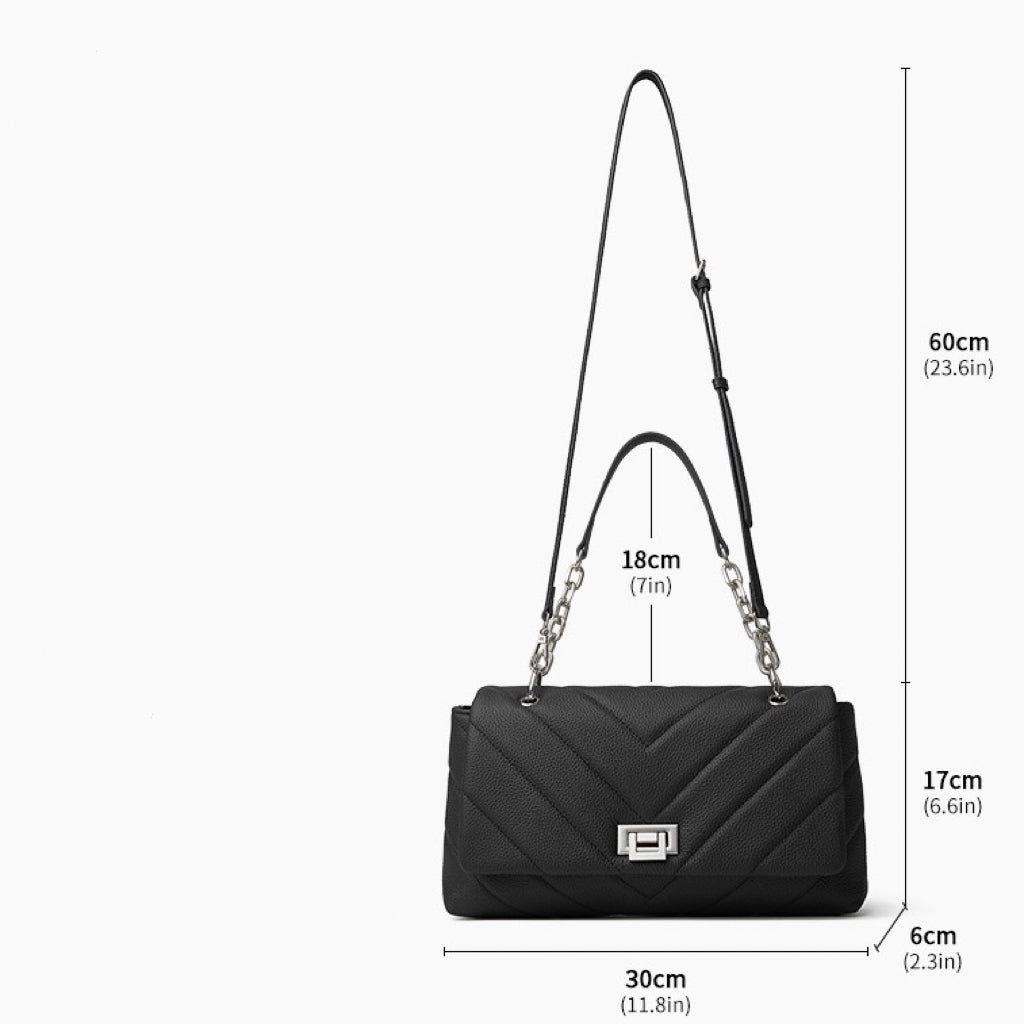 V-Quilted Genuine Leather Shoulder Bag with Chain Detail