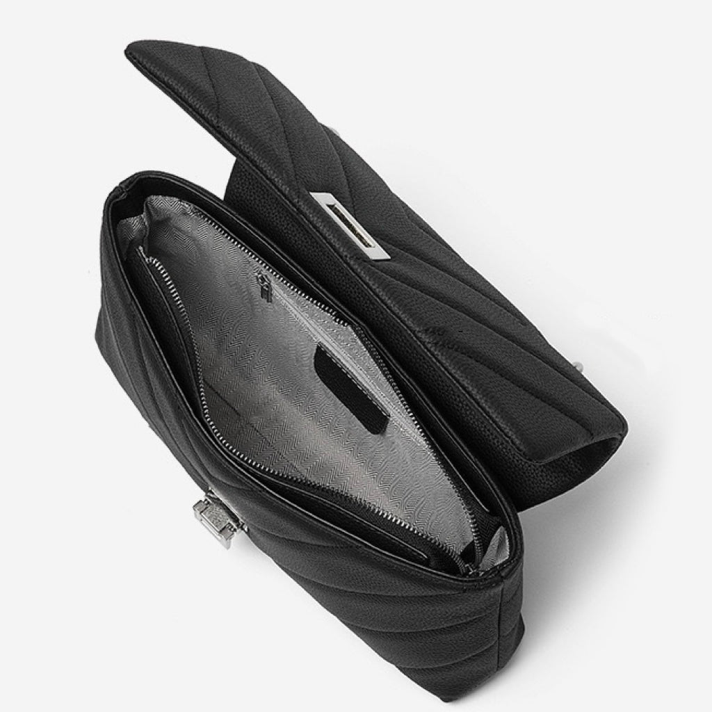 V-Quilted Genuine Leather Shoulder Bag with Chain Detail