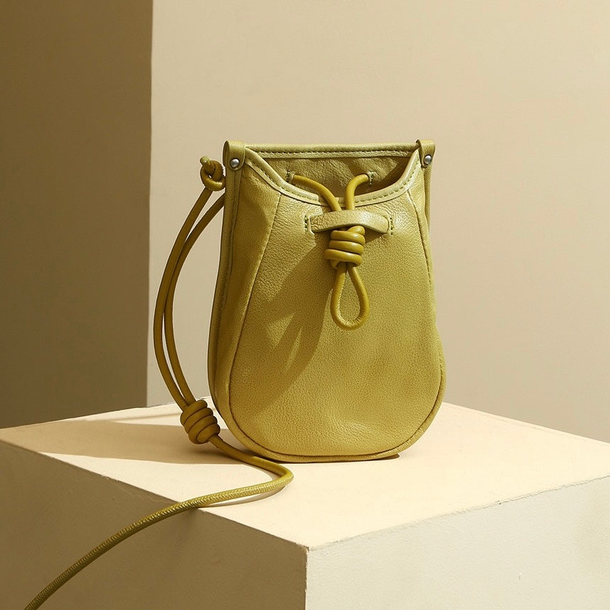 Genuine Leather Drawstring Crossbody Mini Bag for Women