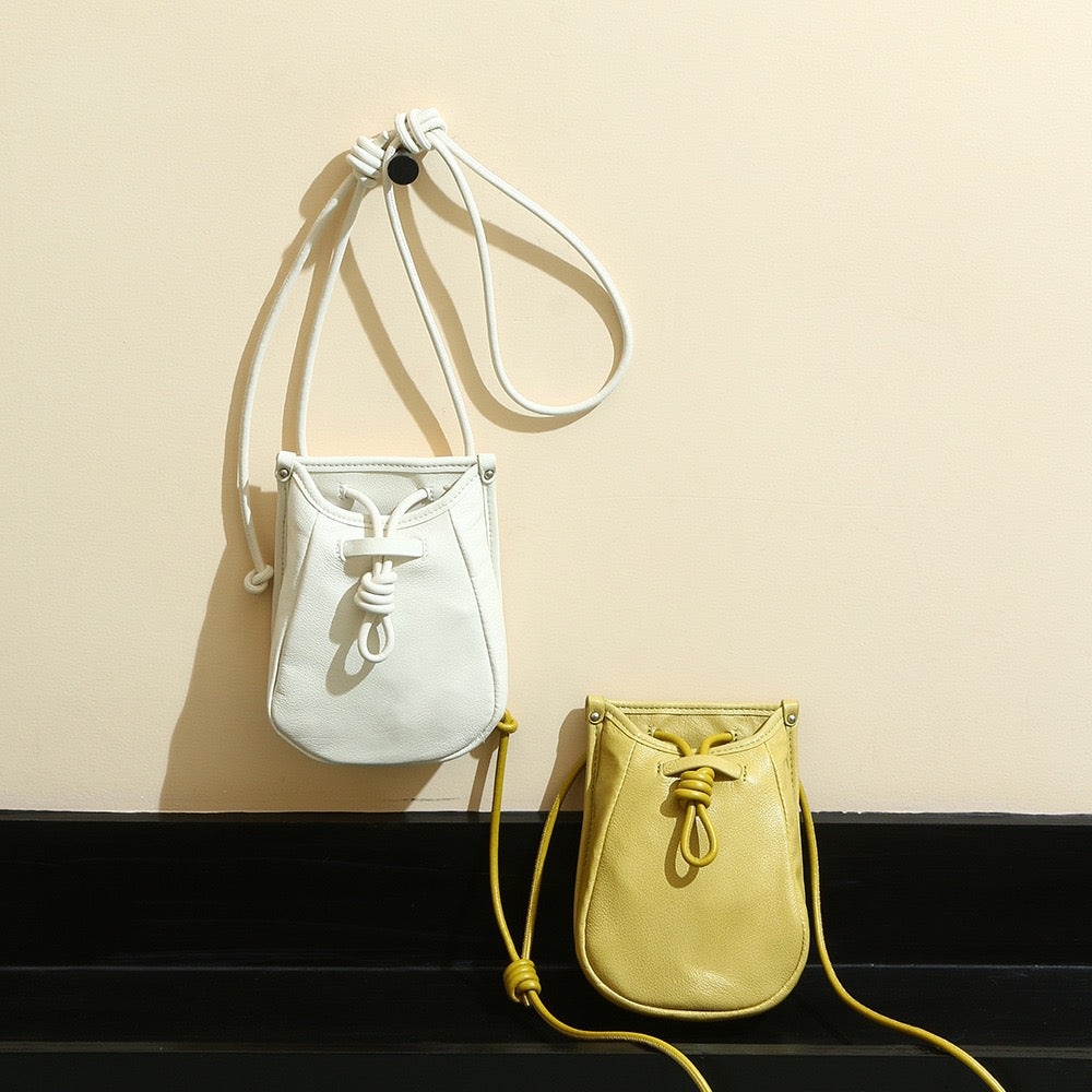 Genuine Leather Drawstring Crossbody Mini Bag for Women