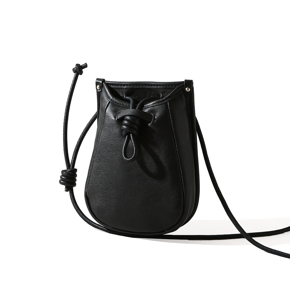 Genuine Leather Drawstring Crossbody Mini Bag for Women