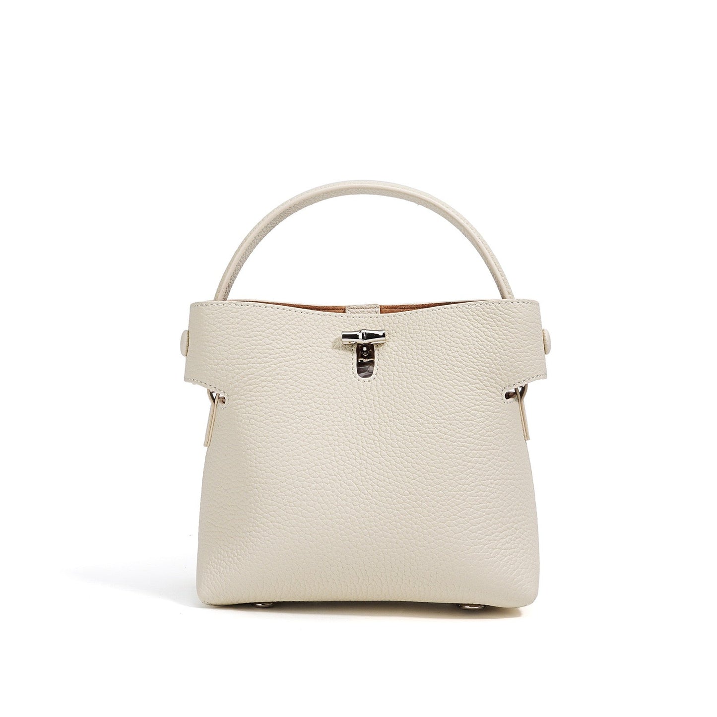 Genuine Cowhide Elegant Bucket Bag with Bamboo Handles