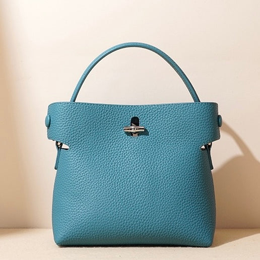 Genuine Cowhide Elegant Bucket Bag with Bamboo Handles