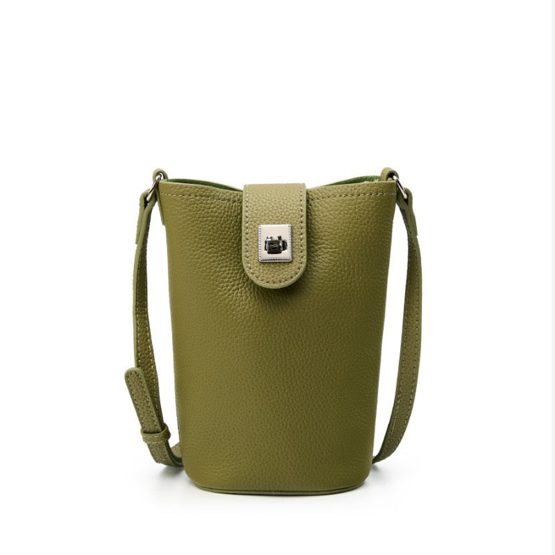 Genuine Leather Drawstring Bucket Phone Bag for Women