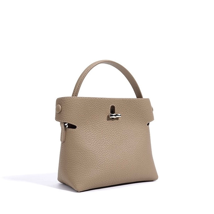 Genuine Cowhide Elegant Bucket Bag with Bamboo Handles