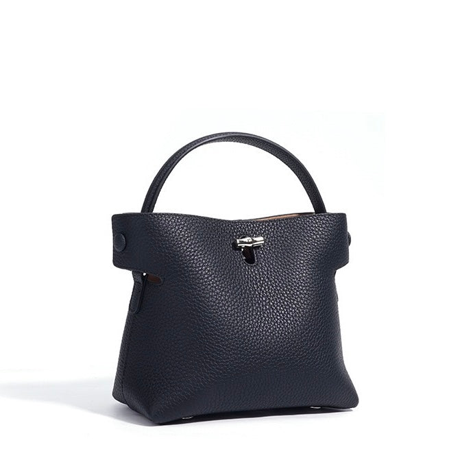 Genuine Cowhide Elegant Bucket Bag with Bamboo Handles