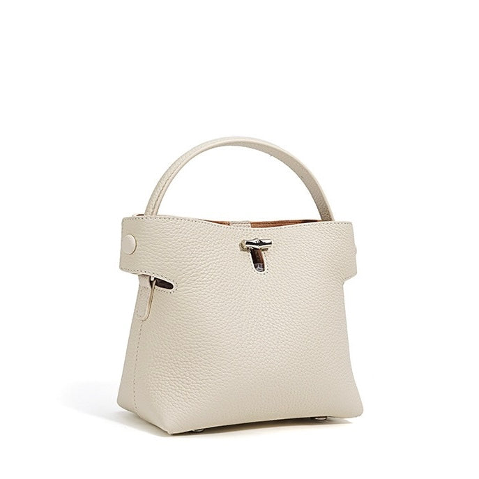Genuine Cowhide Elegant Bucket Bag with Bamboo Handles
