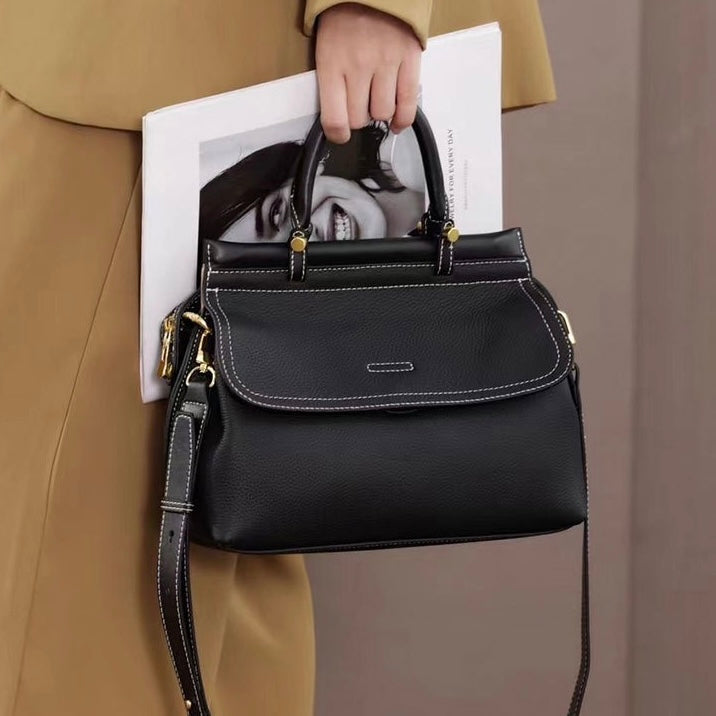 Exquisite Genuine Leather Flip-Top Commuter Handbag