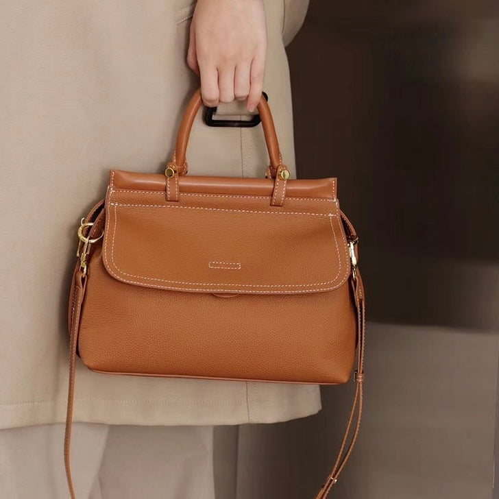 Exquisite Genuine Leather Flip-Top Commuter Handbag