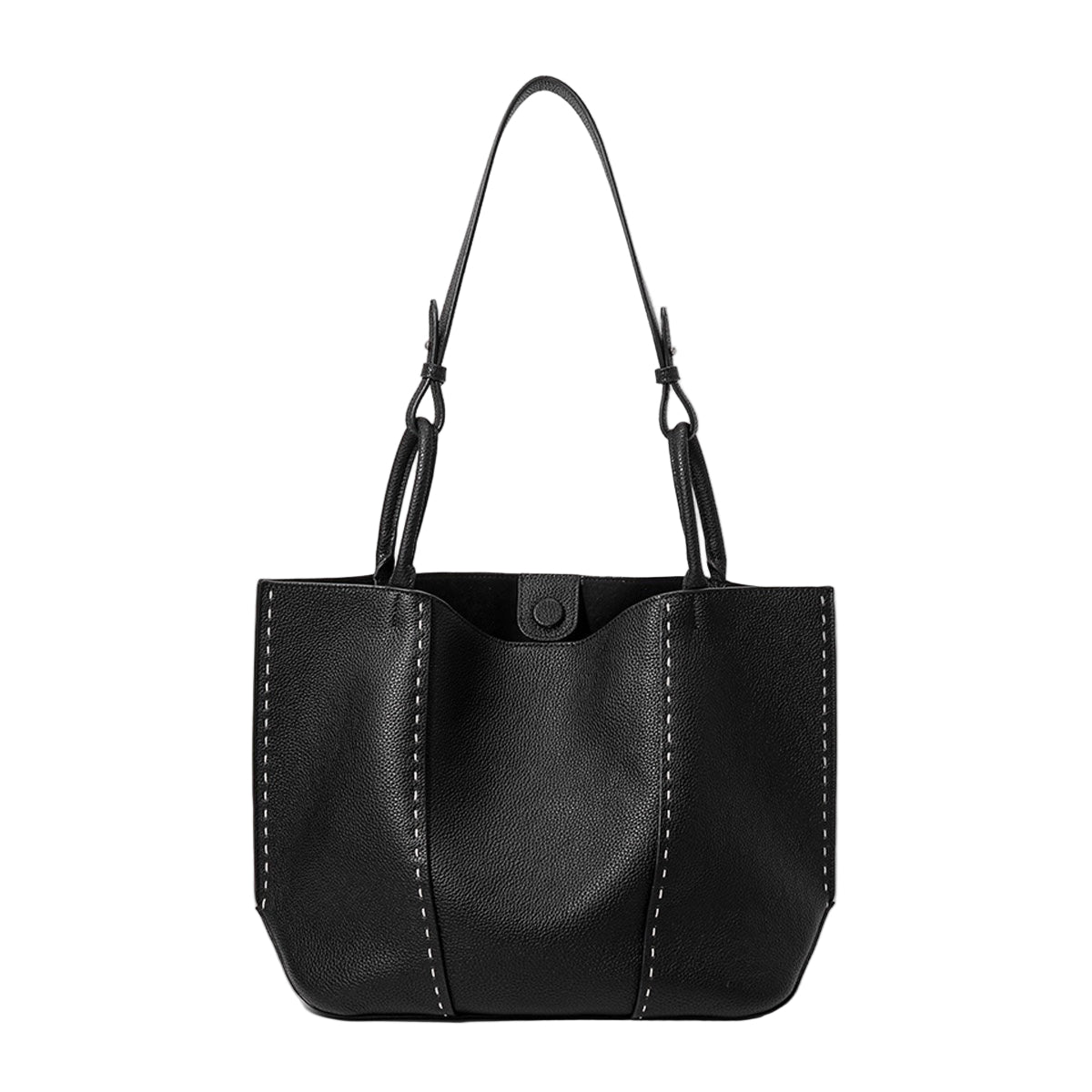 Elegant Contrast-Stitch Genuine Leather Tote Bag