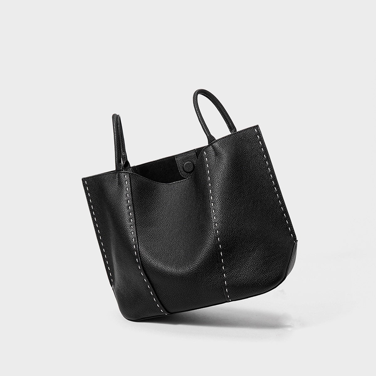 Elegant Contrast-Stitch Genuine Leather Tote Bag