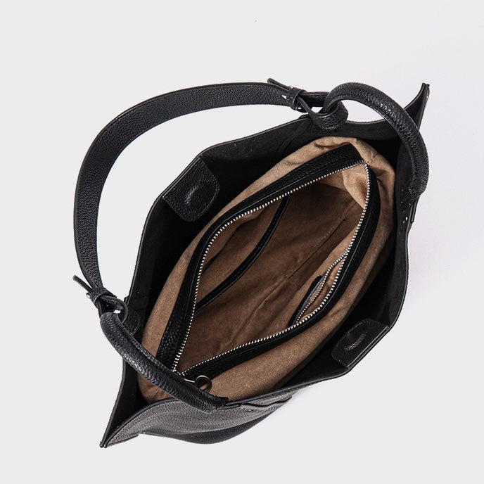 Elegant Contrast-Stitch Genuine Leather Tote Bag