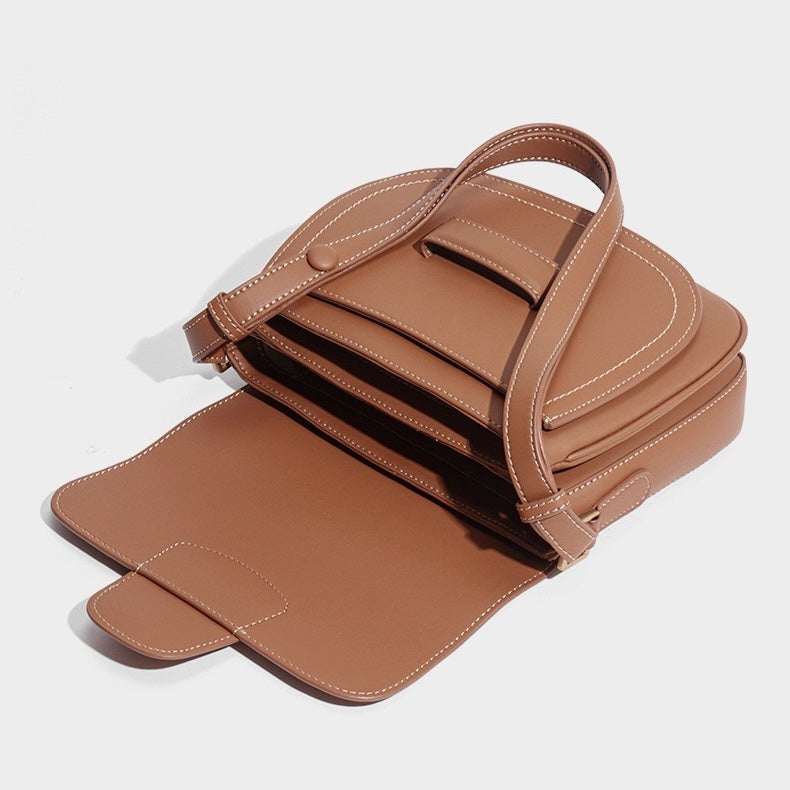 Elegant Leather Contour Stitch Saddle Bag