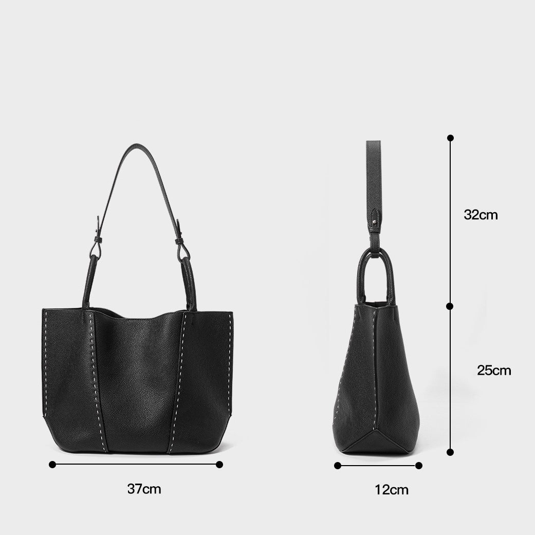 Elegant Contrast-Stitch Genuine Leather Tote Bag