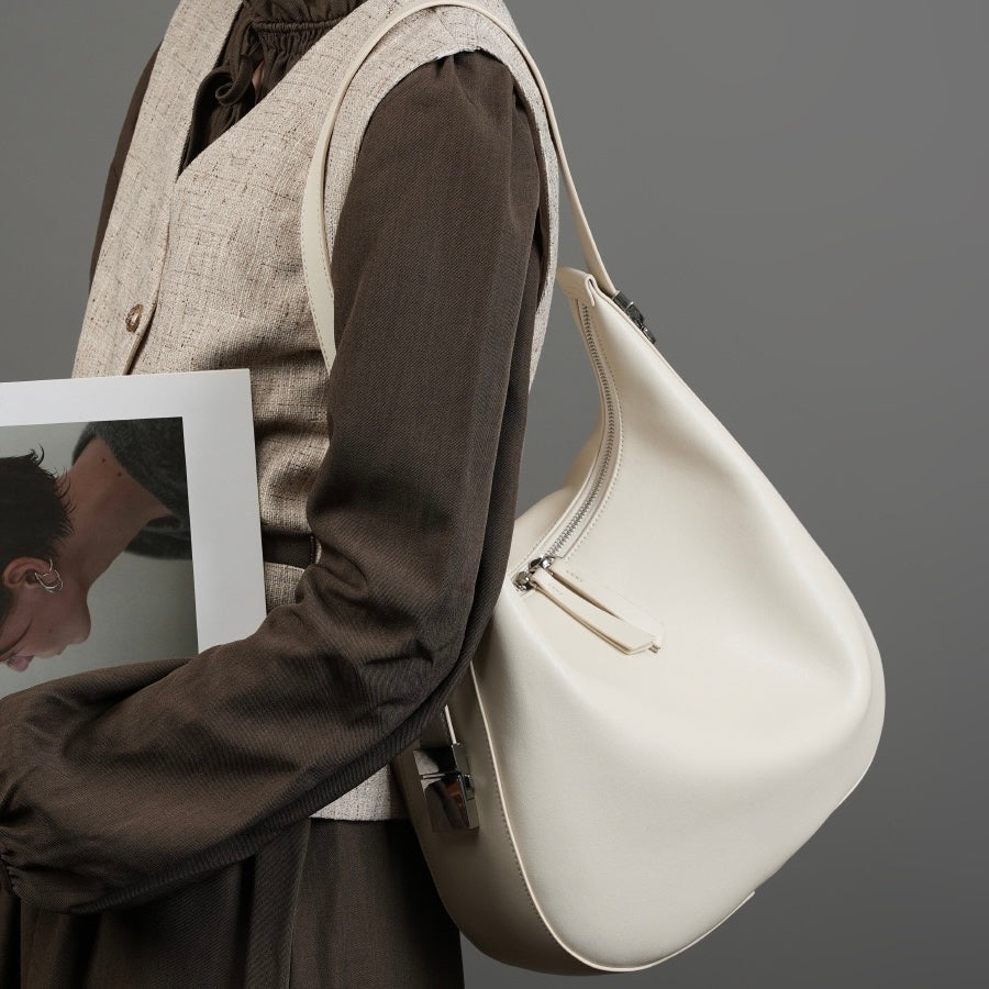 Elegant Minimalist Genuine Leather Crescent Shoulder Handbag