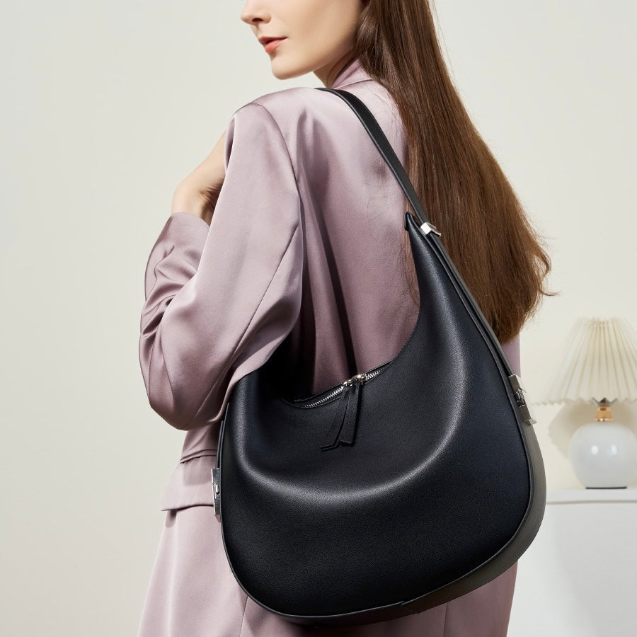 Elegant Minimalist Genuine Leather Crescent Shoulder Handbag