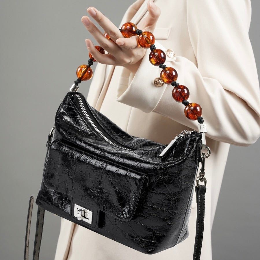 Genuine Leather Pleated Beaded Chain Crossbody Bag in Luxe Black & Angola Red