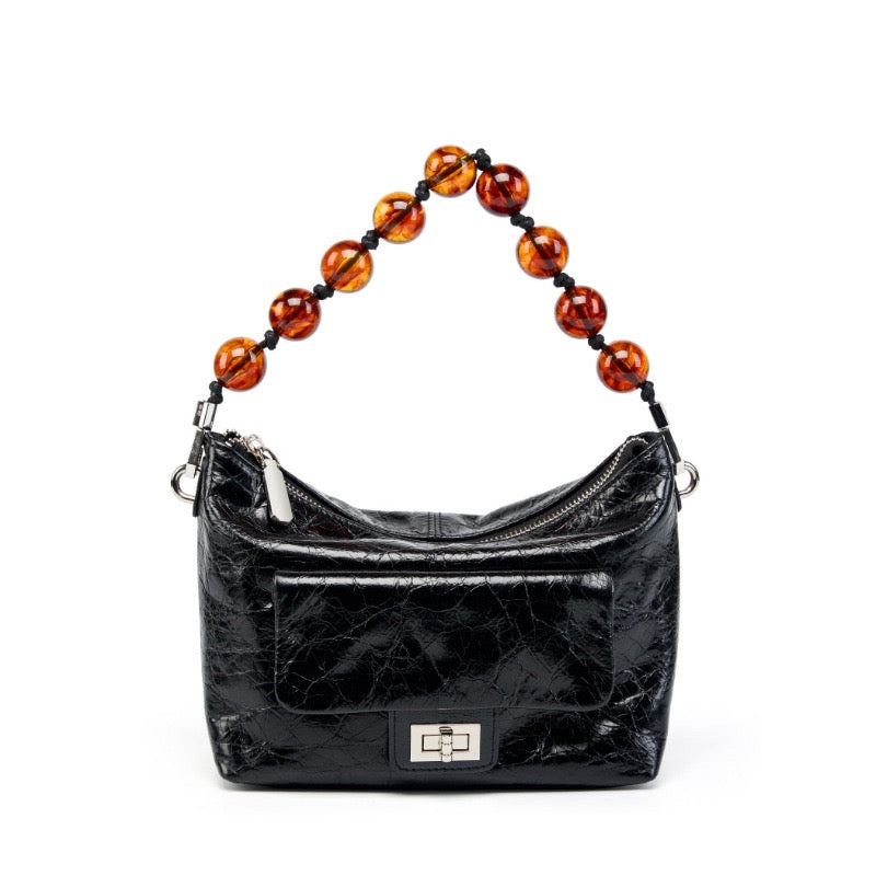 Genuine Leather Pleated Beaded Chain Crossbody Bag in Luxe Black & Angola Red