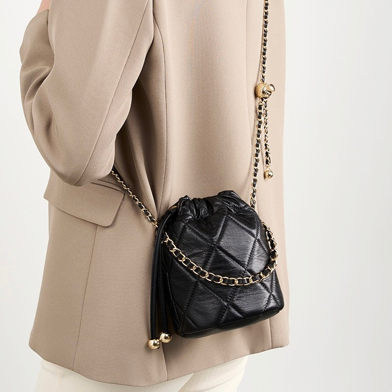 Chic Genuine Leather Bucket Bag with Elegant Chain Strap