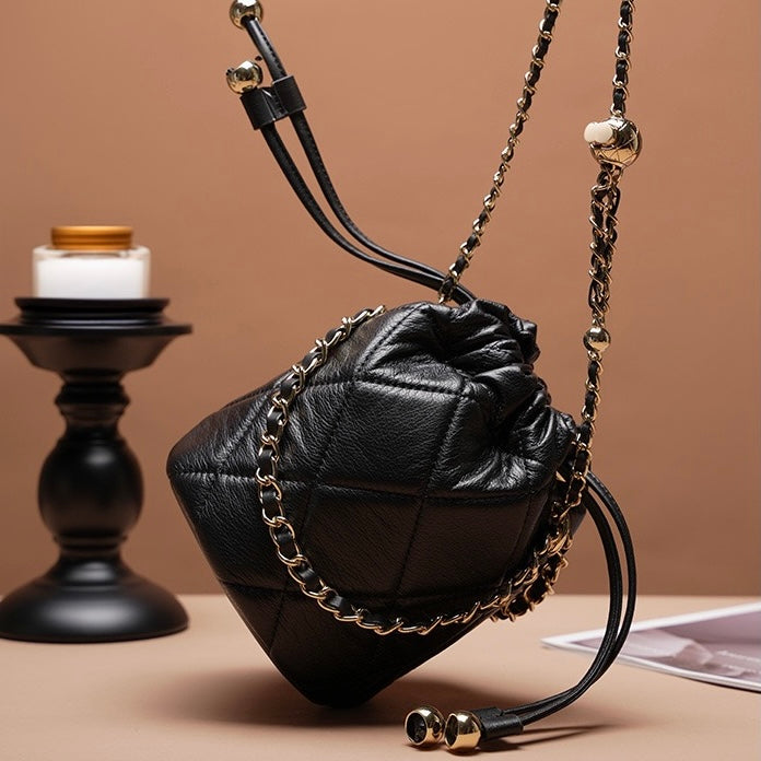 Chic Genuine Leather Bucket Bag with Elegant Chain Strap