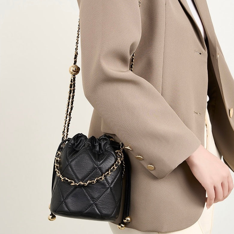 Chic Genuine Leather Bucket Bag with Elegant Chain Strap