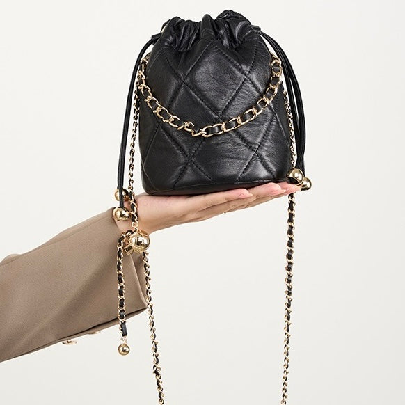 Chic Genuine Leather Bucket Bag with Elegant Chain Strap