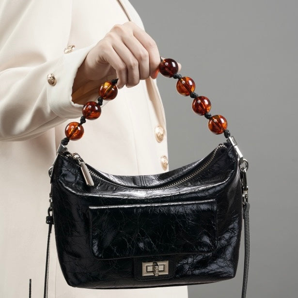 Genuine Leather Pleated Beaded Chain Crossbody Bag in Luxe Black & Angola Red