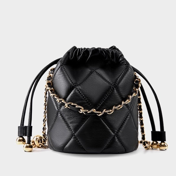 Chic Genuine Leather Bucket Bag with Elegant Chain Strap