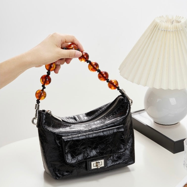 Genuine Leather Pleated Beaded Chain Crossbody Bag in Luxe Black & Angola Red