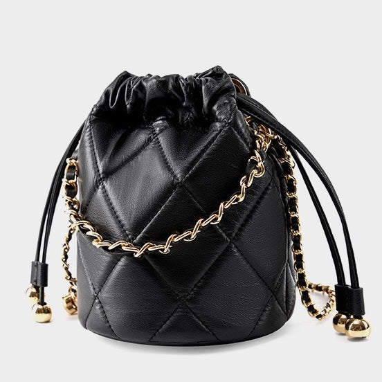 Chic Genuine Leather Bucket Bag with Elegant Chain Strap