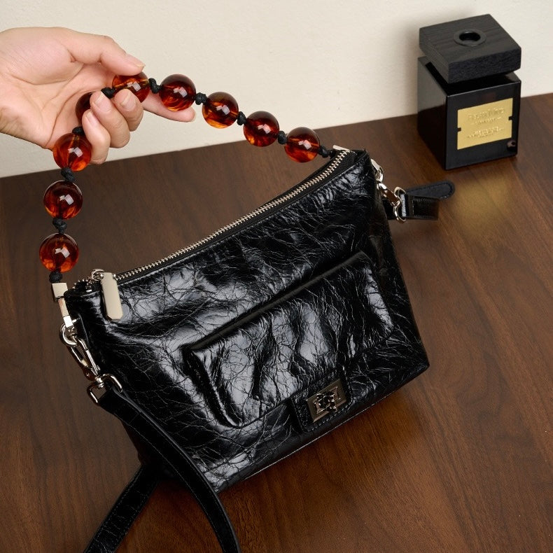 Genuine Leather Pleated Beaded Chain Crossbody Bag in Luxe Black & Angola Red
