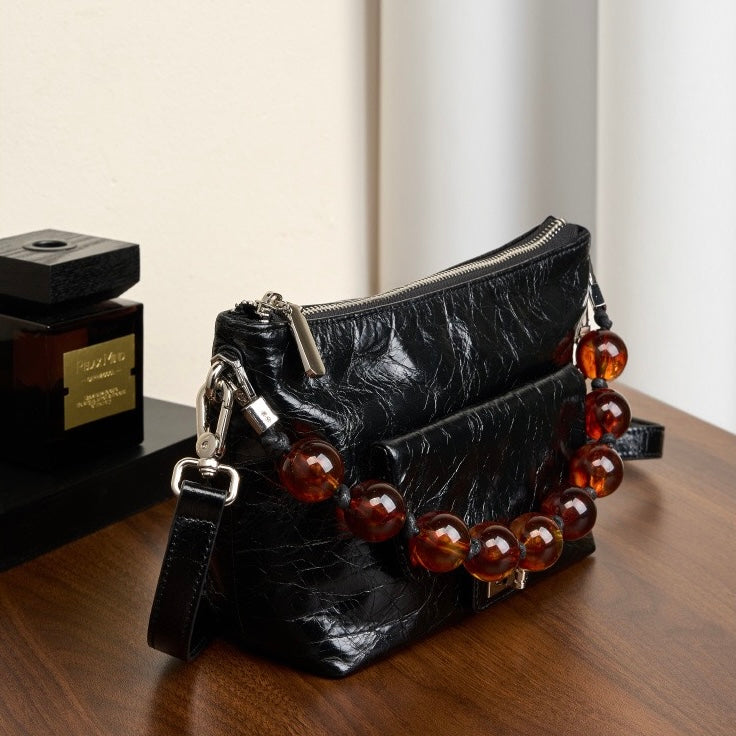 Genuine Leather Pleated Beaded Chain Crossbody Bag in Luxe Black & Angola Red