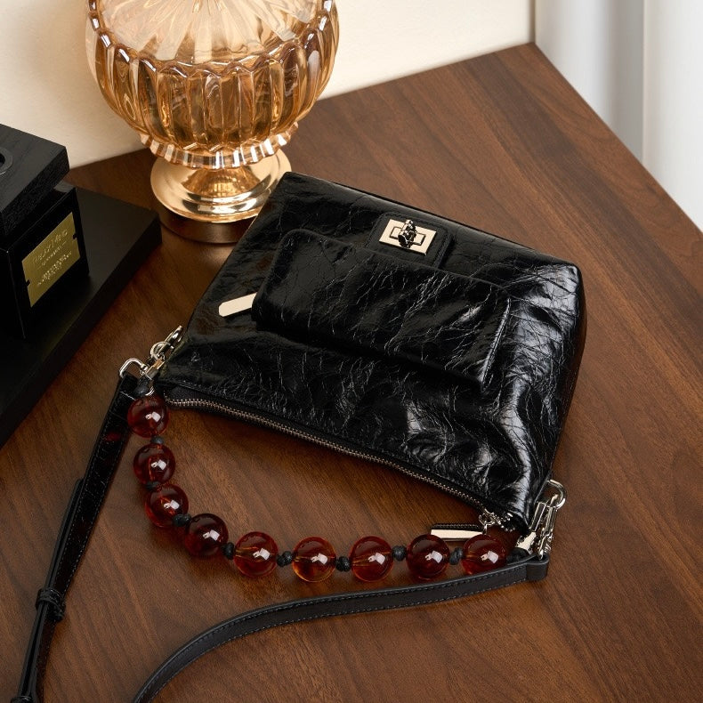 Genuine Leather Pleated Beaded Chain Crossbody Bag in Luxe Black & Angola Red