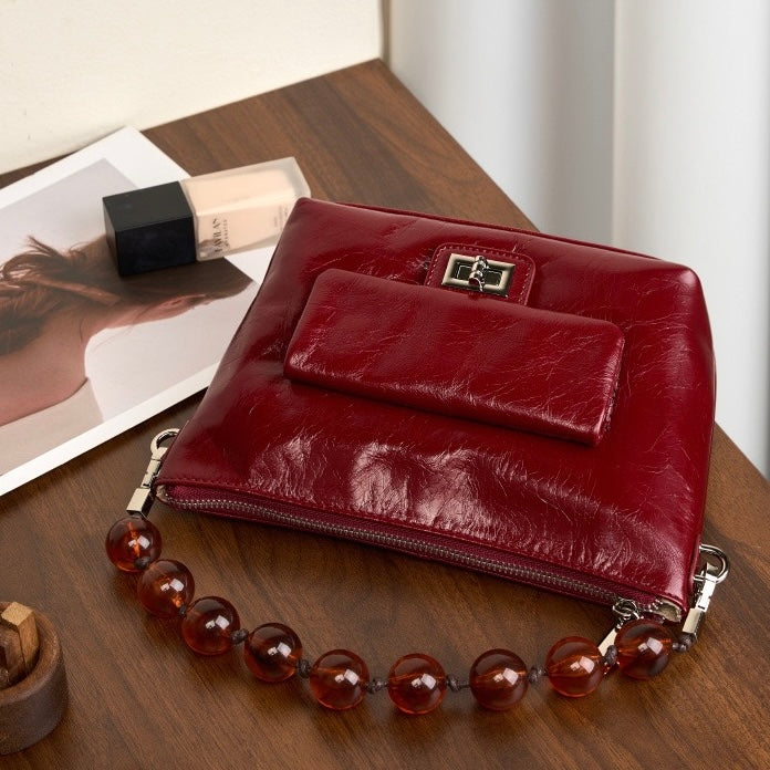Genuine Leather Pleated Beaded Chain Crossbody Bag in Luxe Black & Angola Red