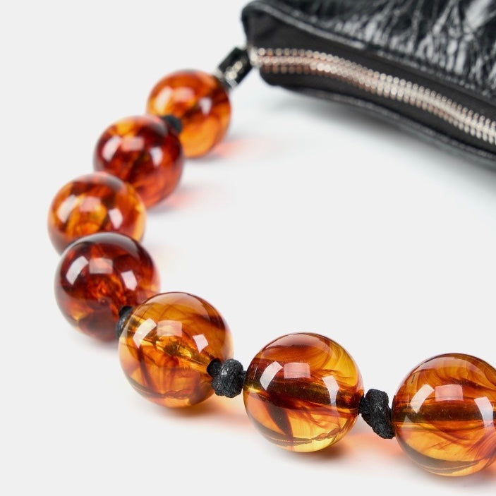 Genuine Leather Pleated Beaded Chain Crossbody Bag in Luxe Black & Angola Red