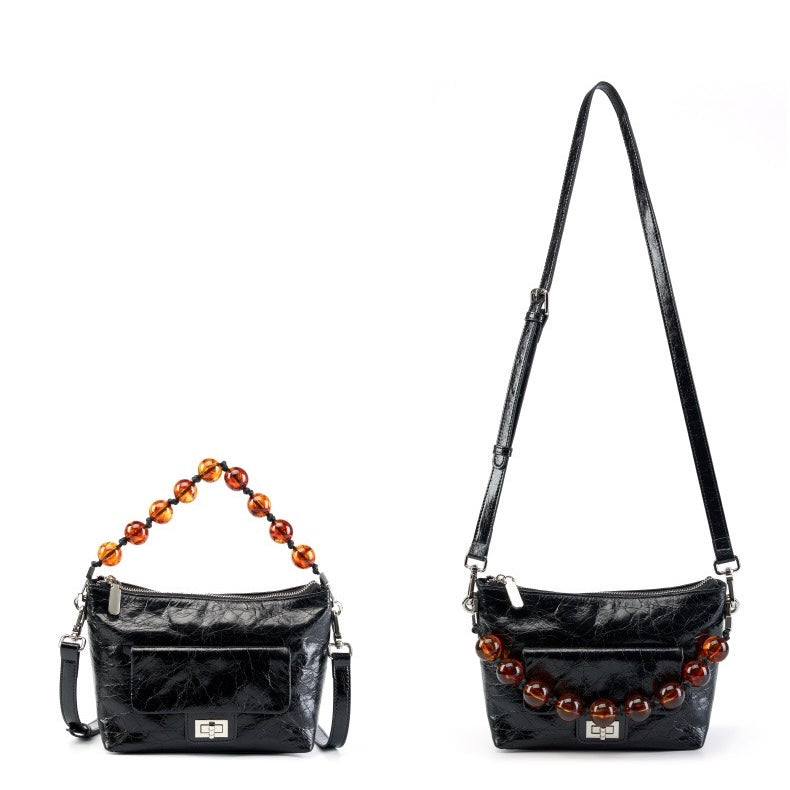 Genuine Leather Pleated Beaded Chain Crossbody Bag in Luxe Black & Angola Red