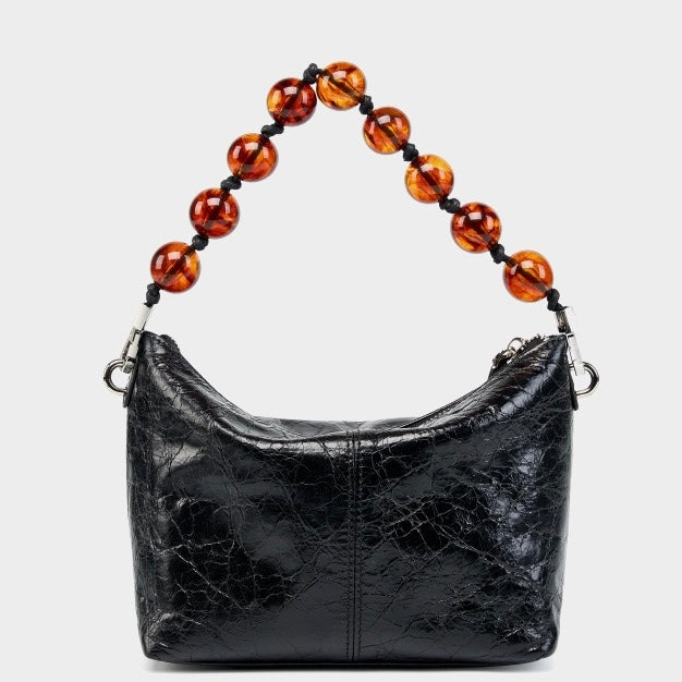 Genuine Leather Pleated Beaded Chain Crossbody Bag in Luxe Black & Angola Red