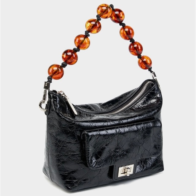 Genuine Leather Pleated Beaded Chain Crossbody Bag in Luxe Black & Angola Red