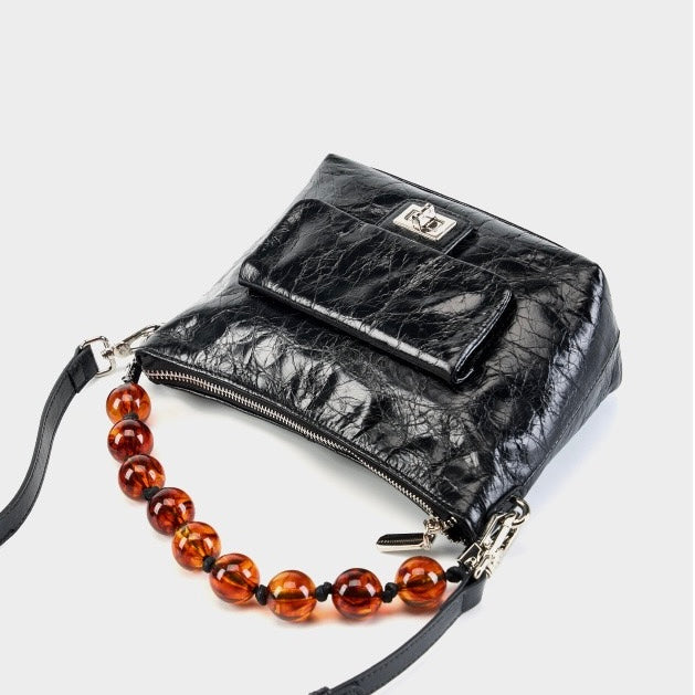 Genuine Leather Pleated Beaded Chain Crossbody Bag in Luxe Black & Angola Red