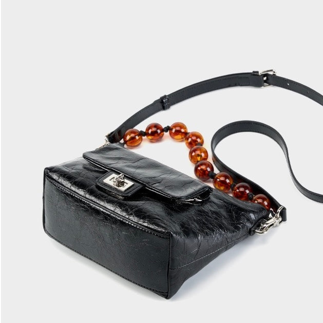 Genuine Leather Pleated Beaded Chain Crossbody Bag in Luxe Black & Angola Red